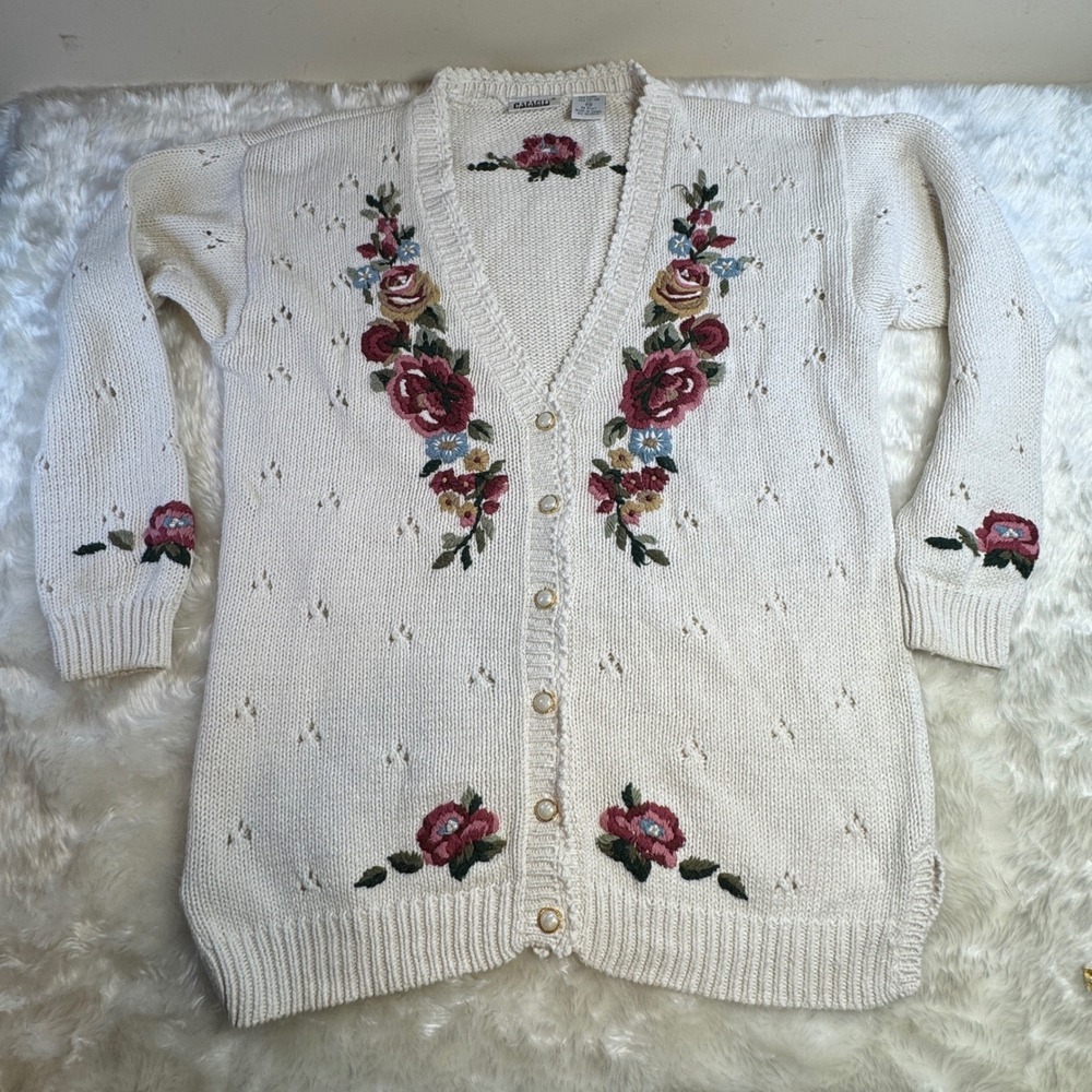 Capacity Petites Vintage‎ Floral Embroidered Pointelle Knit Cardigan Ivory PM
